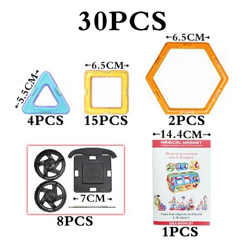 Set of magnetic building pieces with measurements and packaging on a white background
