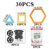 Set of magnetic building pieces with measurements and packaging on a white background