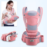 Pink baby carrier with gray accents and a woman holding a baby in it on a light blue background.