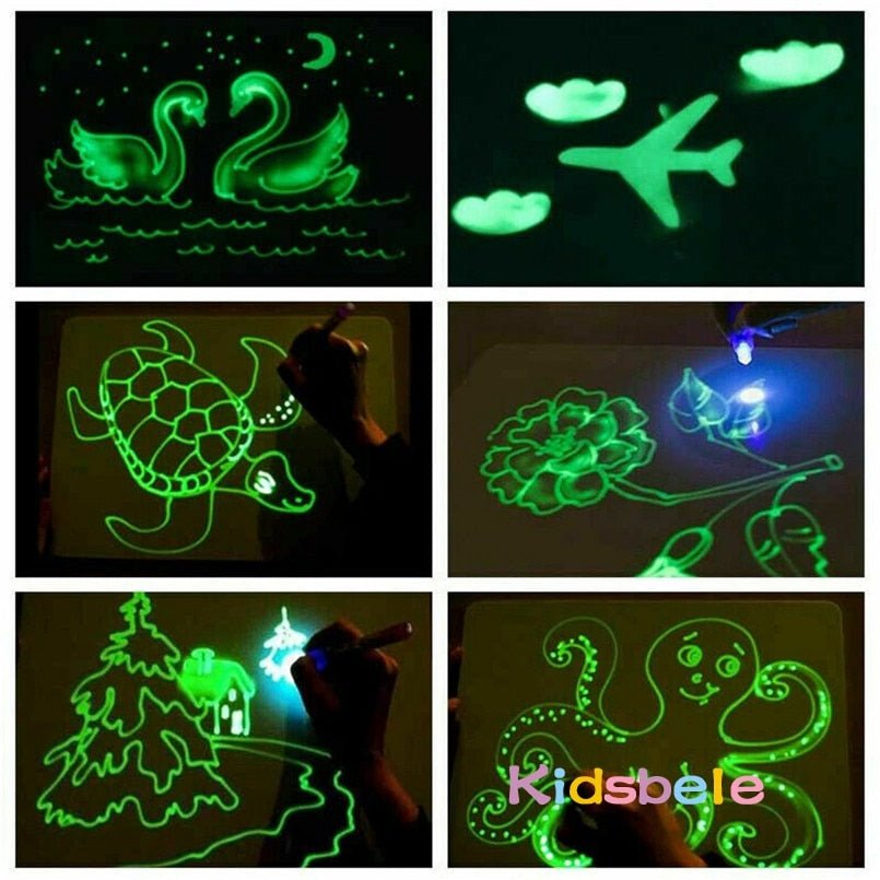 Glowing drawings on a dark surface with 'Kidsbelie' branding.