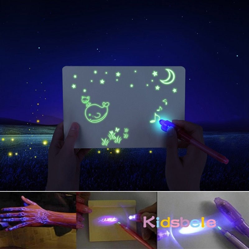 Glowing drawing on paper with a pen against a night sky background, featuring the brand 'Kidsbelieve'.