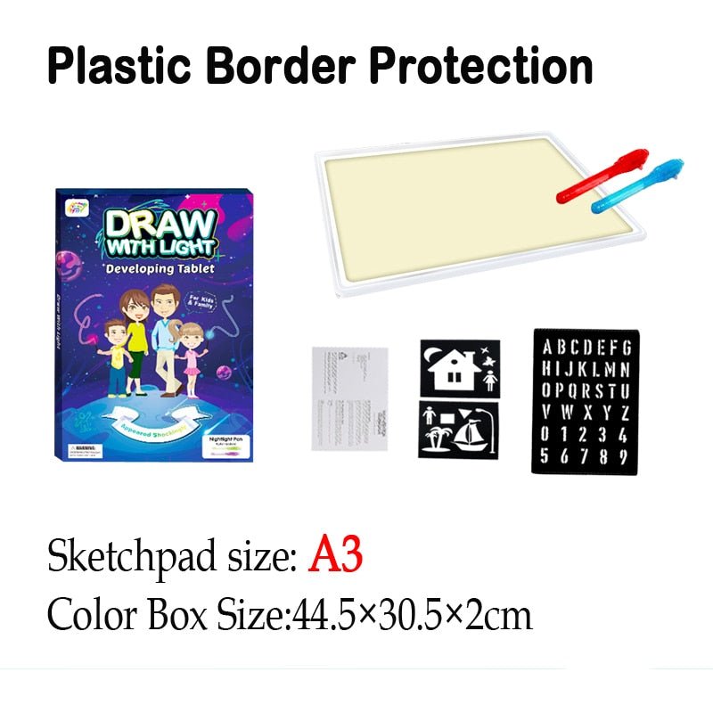 Product set with a drawing tablet, color box, and other items.