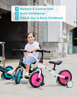 Child riding a balance bike with text about skills and joy in early childhood.
