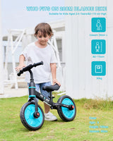Child riding a balance bike with text about tire features on a grassy background