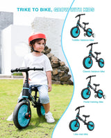 Child on a balance bike with images of different bikes on the side