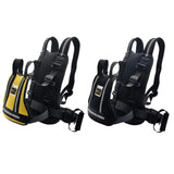 Two dog harnesses, one yellow and black, the other black.