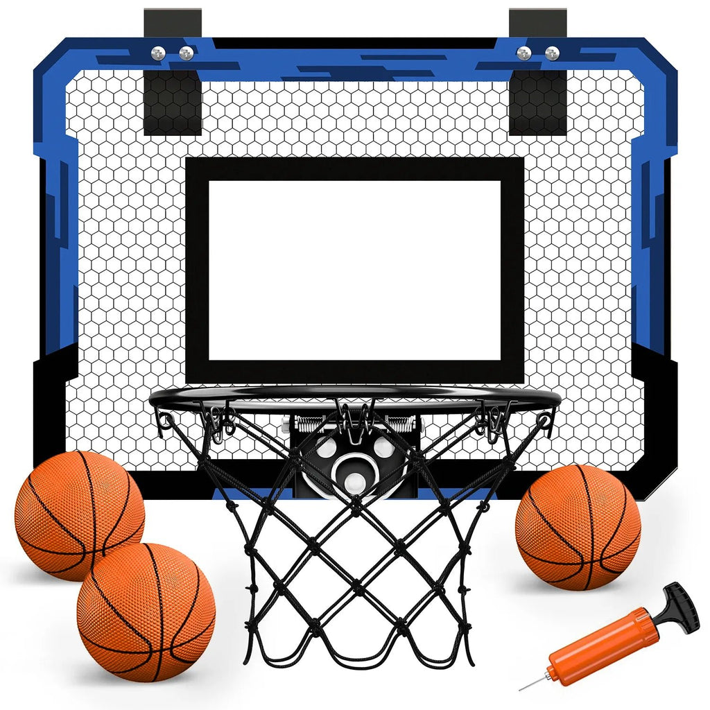 Mini basketball hoop set with three basketballs and a pump