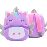 Purple unicorn-shaped backpack with a rainbow.