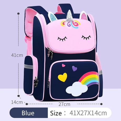 Unicorn-shaped backpack with measurements.