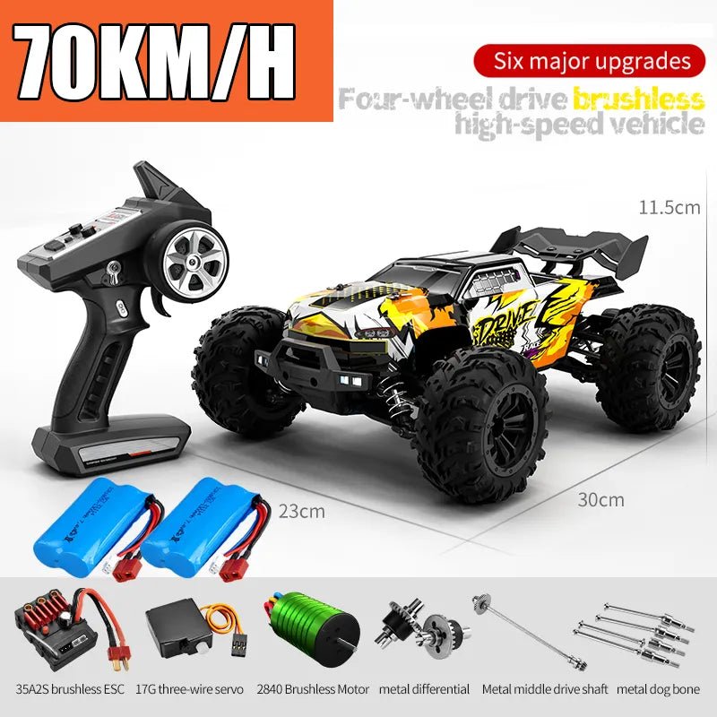 Toy car with remote control and specifications on a white background