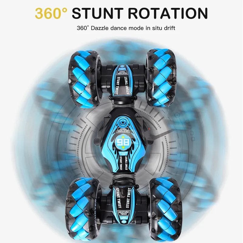 Blue and black stunt vehicle with '360° Stunt Rotation' text 