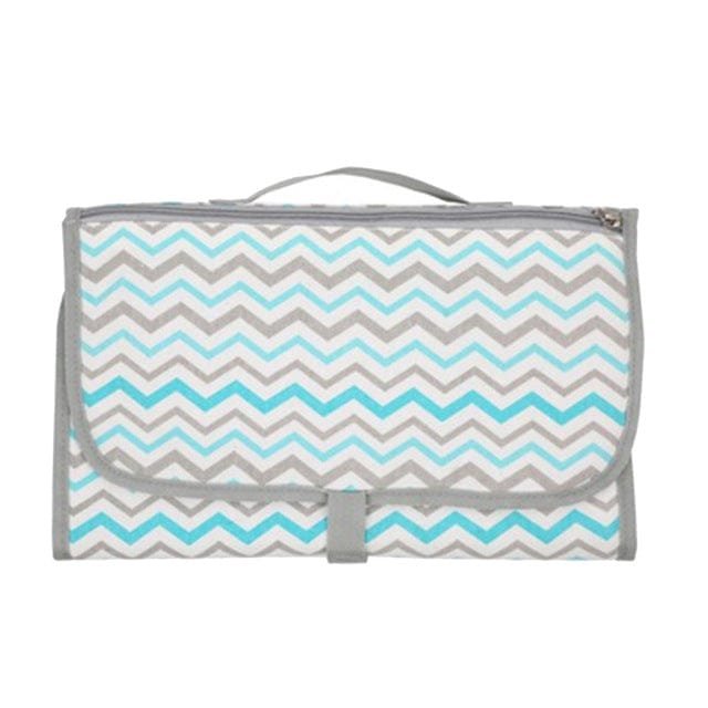 Chevron-patterned bag with gray and blue zigzag design 