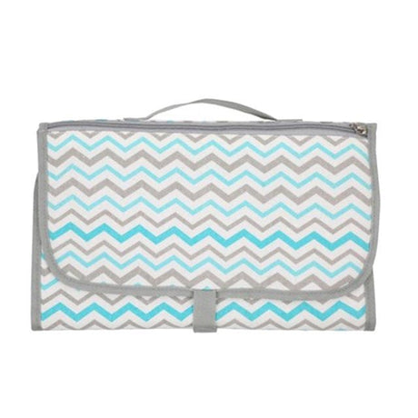 Chevron-patterned bag with gray and blue zigzag design 
