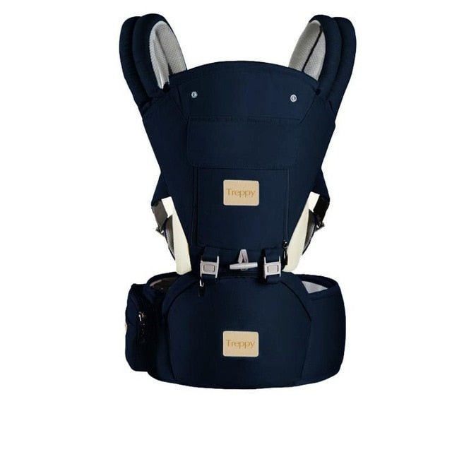 Navy blue baby carrier with visible brand logo.