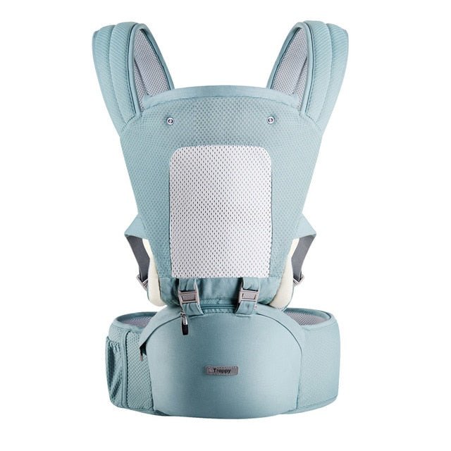 Light blue baby carrier with white mesh.