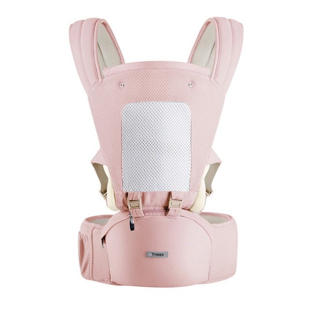 Pink baby carrier with a white mesh panel.