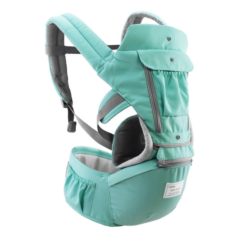 Mint green baby carrier with gray straps