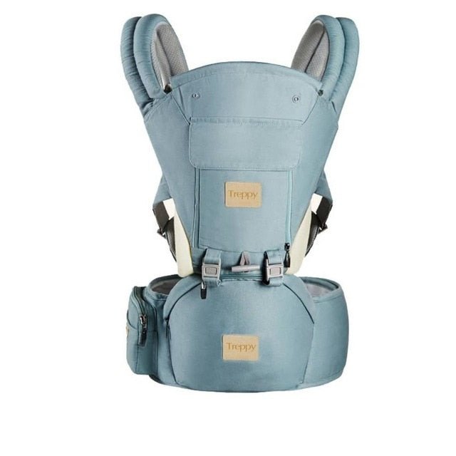 Blue baby carrier with visible brand logo.