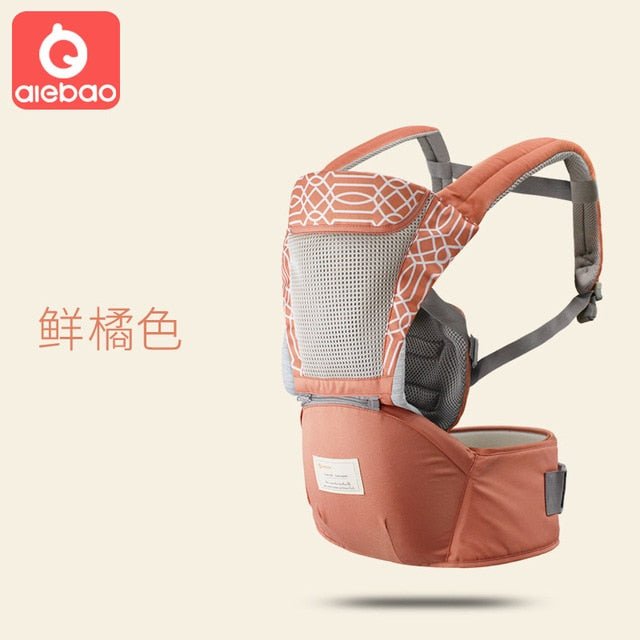 Baby carrier with geometric pattern.