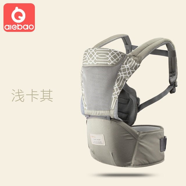 Gray baby carrier with geometric pattern.