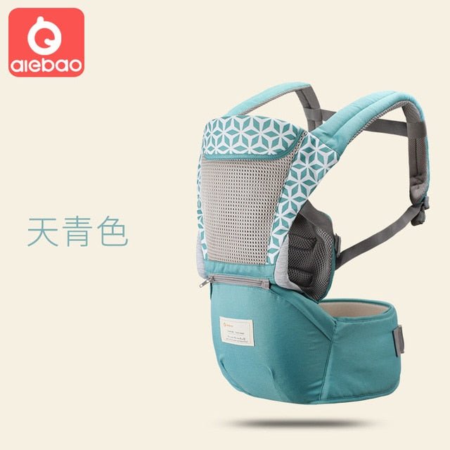 Blue baby carrier with geometric pattern.
