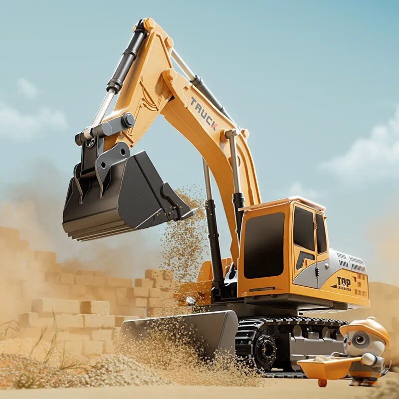 Toy excavator with a construction 