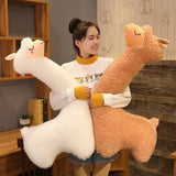 Person holding two large plush llamas in a room with wooden shelves.