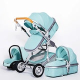 Turquoise baby stroller with canopy and bassinet