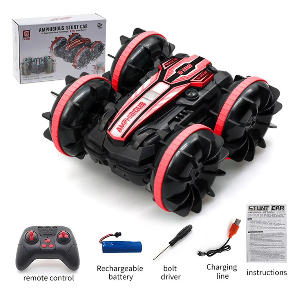 Amphibious stunt car with remote control, battery, and accessories 