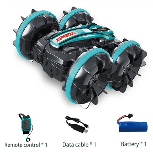 Toy vehicle with remote control, data cable, and battery.
