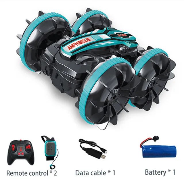 Toy vehicle with remote control, data cable, and battery.