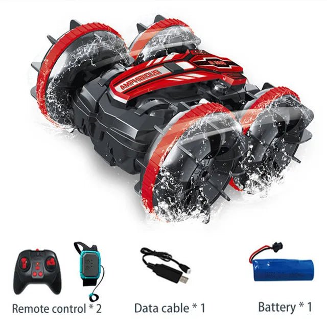 Toy vehicle with remote control, data cable, and battery.