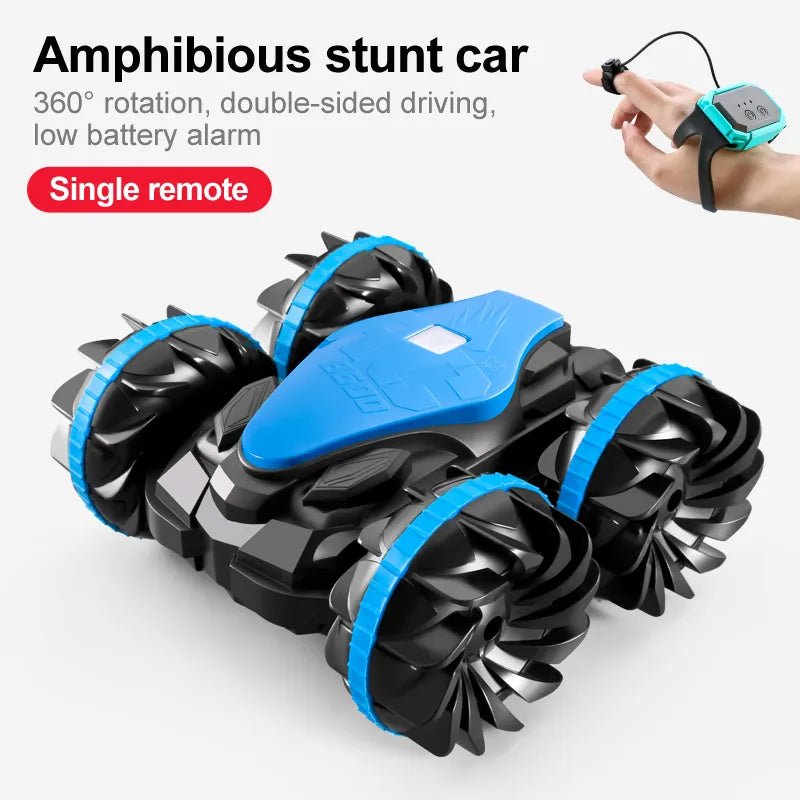 Amphibious stunt car with blue and black design.