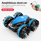 Amphibious stunt car with blue and black design