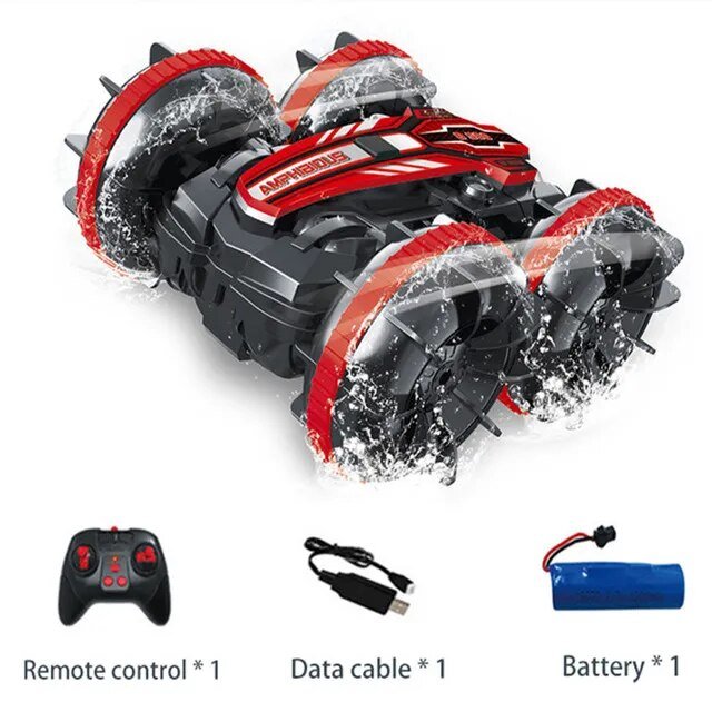Toy car with water splashes, remote control, data cable, and battery.