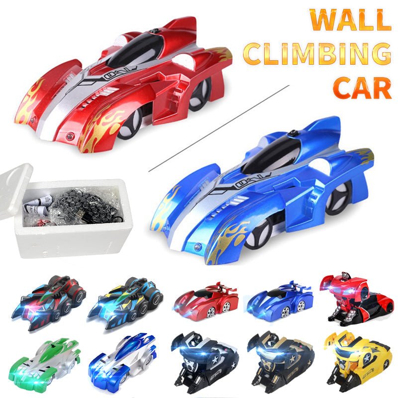 Wall climbing cars in various colors with accessories.