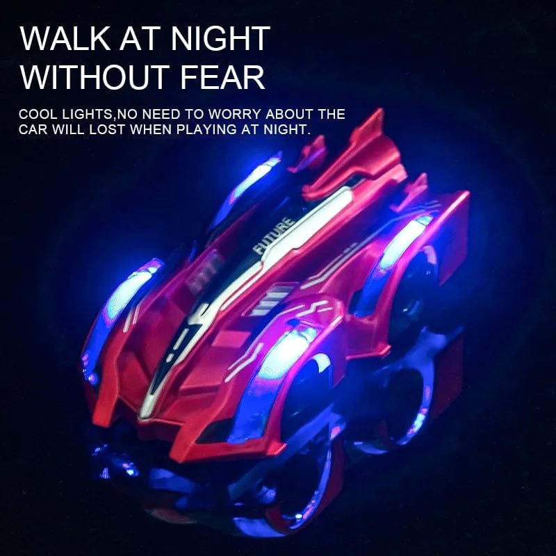Toy car with glowing lights on a dark background, featuring text about night-time safety.