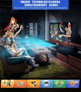 Living room with people playing video games on a large screen, featuring various game icons at the bottom.