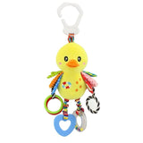 Yellow duck baby toy with colorful rings and a carabiner.