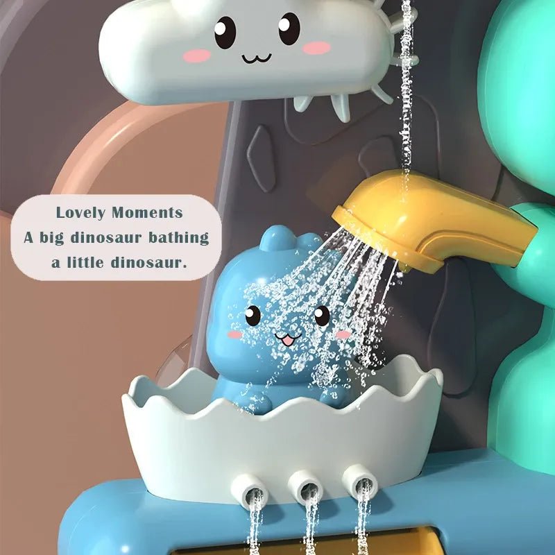 Illustration of a dinosaur bath toy with a shower head and water droplets.