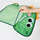 Green dinosaur-shaped sunshade with a hand pulling on the mesh.