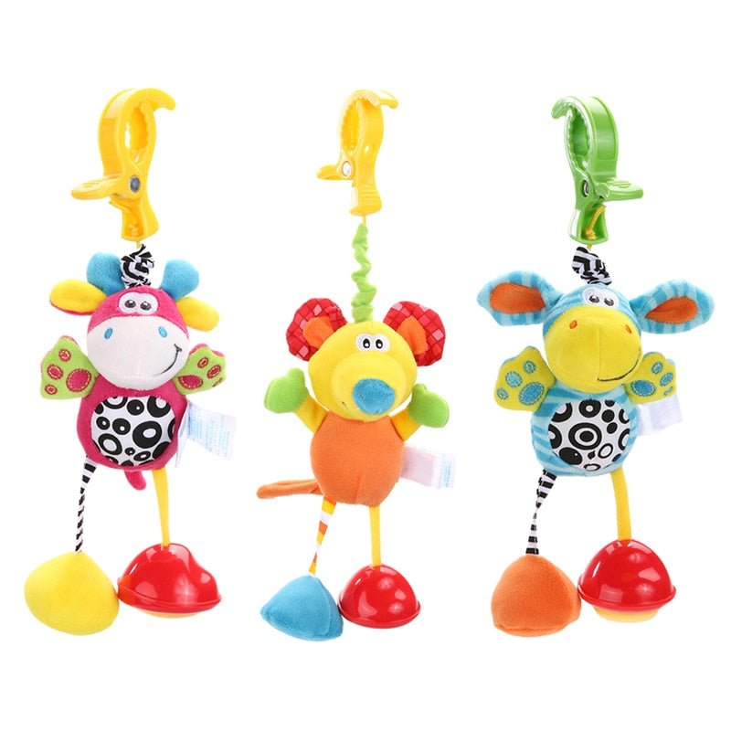 Three colorful animal-themed baby toys with hooks.