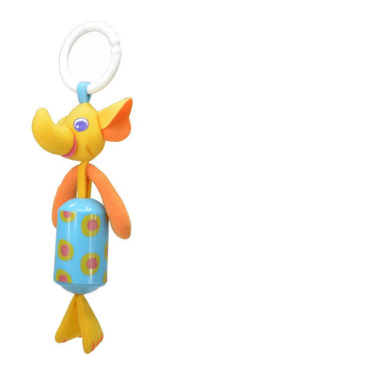 Colorful elephant-shaped baby toy with a blue ring.