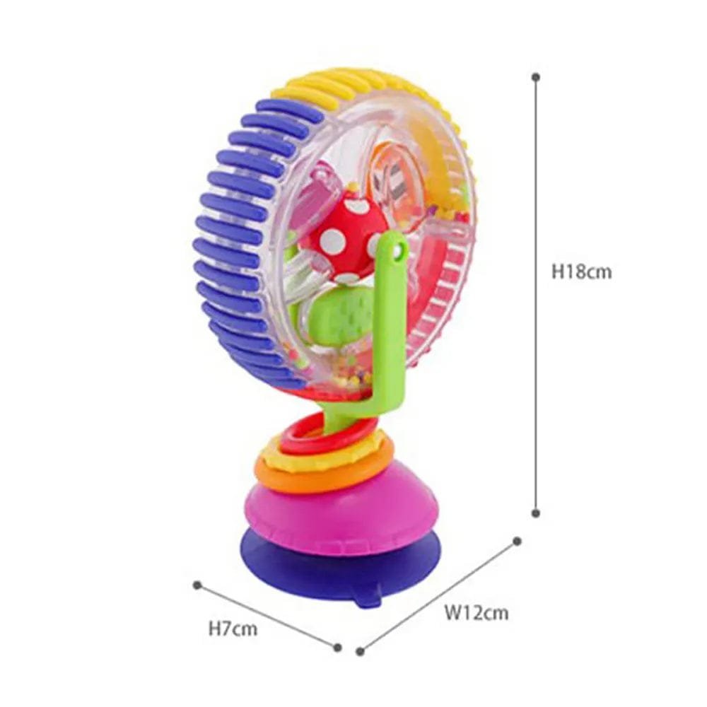 Colorful toy with dimensions labeled.