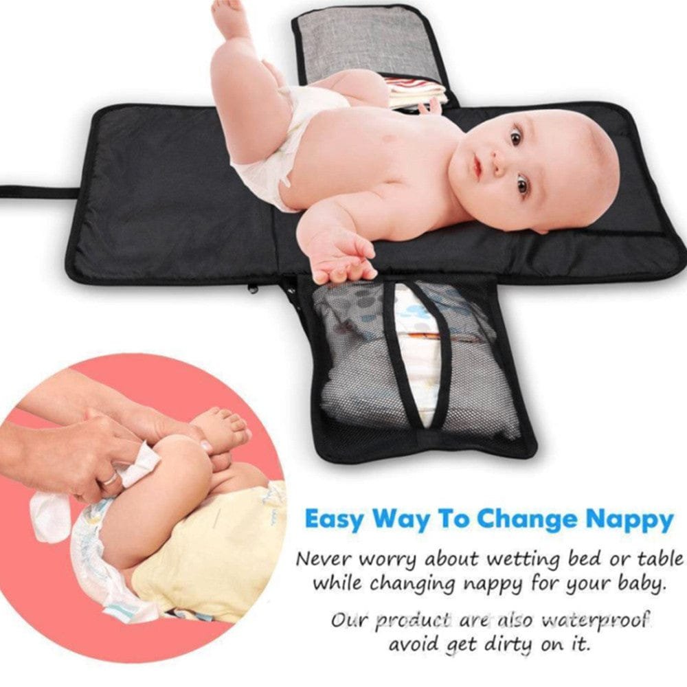 Baby changing pad with a baby lying on it, showing a close-up of changing a diaper, and text about the product's features.