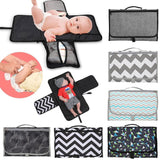 Collage of various baby changing pads and accessories with a baby on one of them.