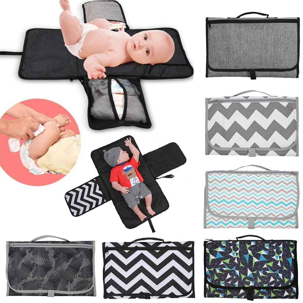 Collage of various baby changing pads and accessories with a baby on one of them.