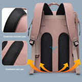 Pink backpack with breathable shoulder pads and a back pad.