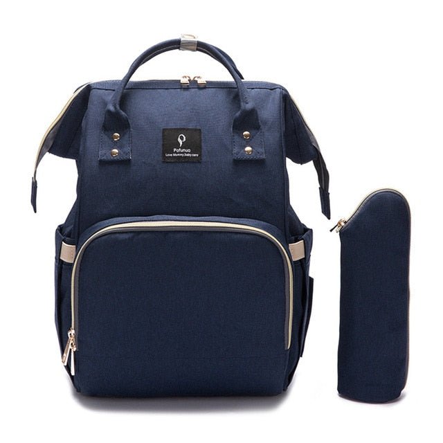 Navy blue backpack with a smaller matching pouch