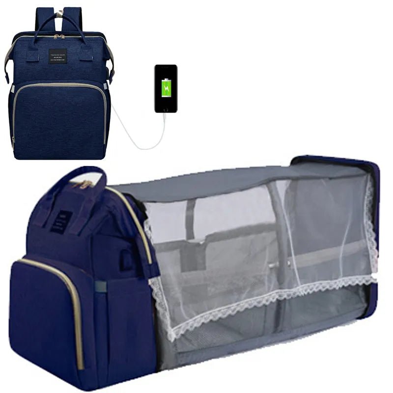 Navy blue backpack with USB charging cable and a mesh compartment.